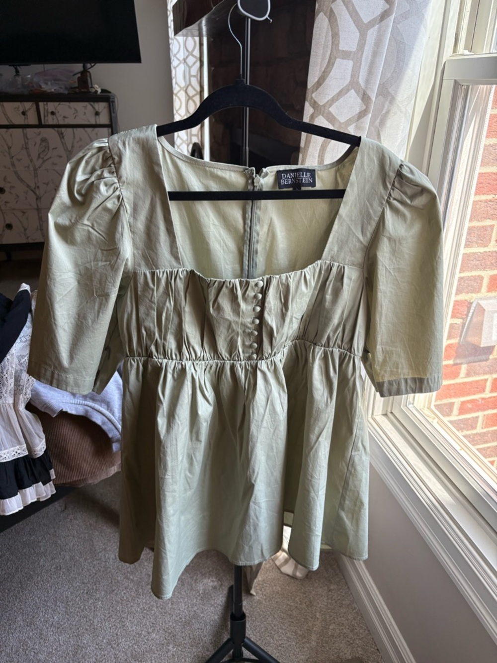 DANIELLE BERNSTEIN Sage Green Puff-Sleeve Peasant Top